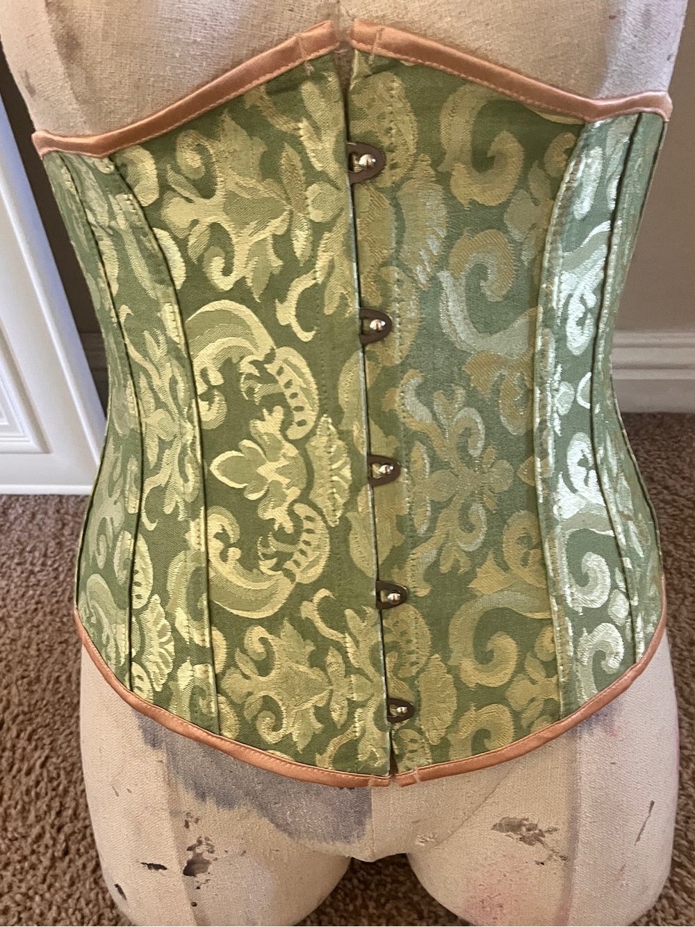 Green Brocade Waist Corset with gold Trim. Waist cincher for cosplay